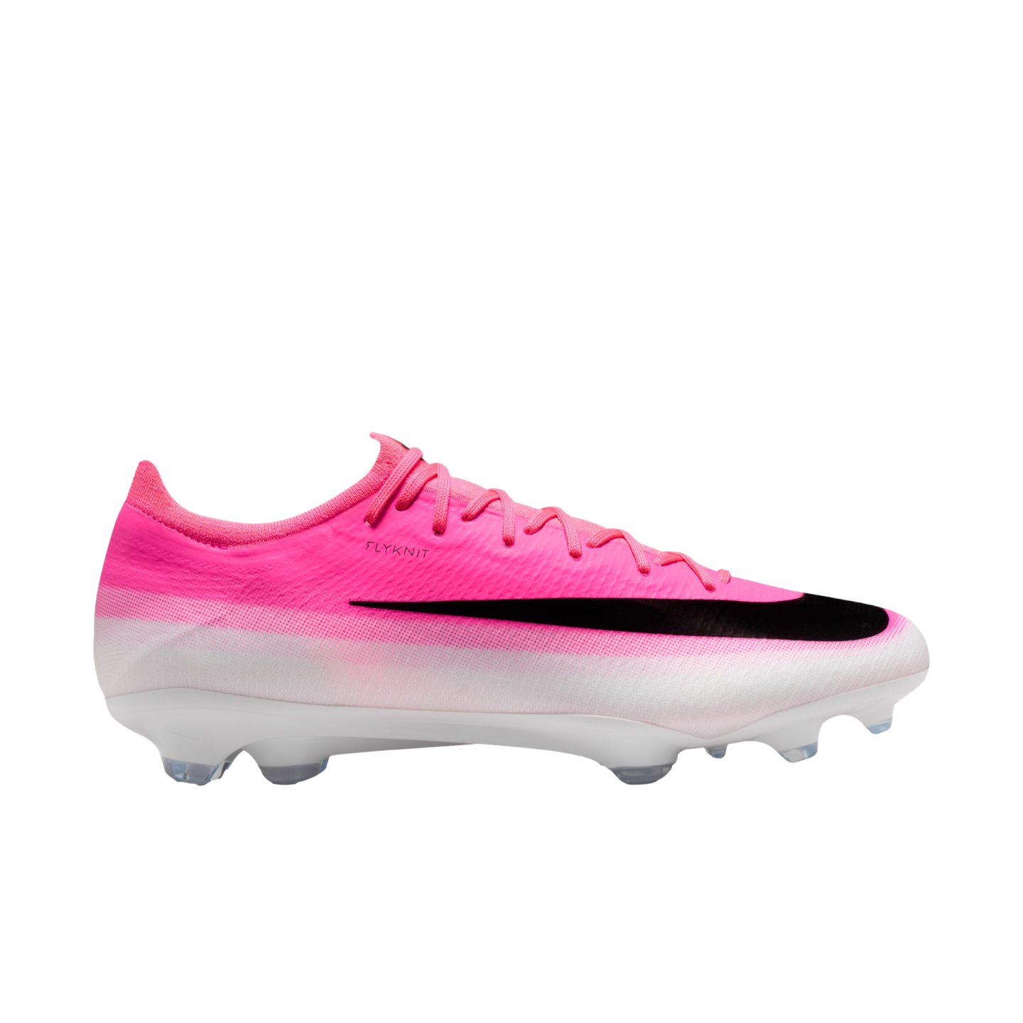 Nike Flyknit soccer cleat featuring a vibrant pink upper that fades to white. It has a large black swoosh, pink laces, and a white soleplate with clear studs.