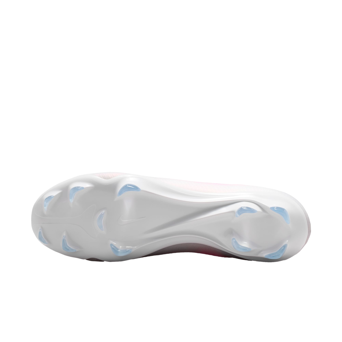 Bottom view of a white Nike soccer cleat featuring a white outsole with translucent blue studs.