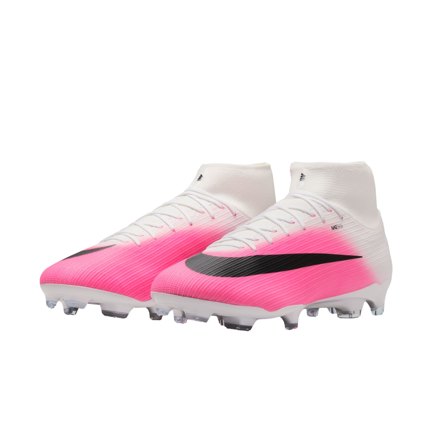 A pair of Nike soccer cleats with a white and pink gradient upper, a black swoosh, and a high-top sock collar.