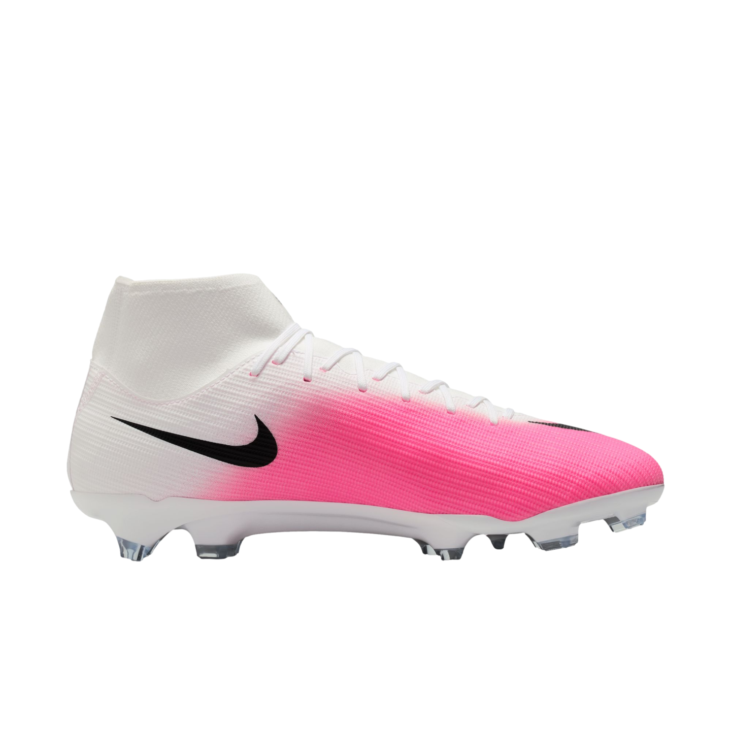 Profile view of a Nike Mercurial soccer cleat with a white-to-pink gradient upper, a black swoosh, and white cleats.