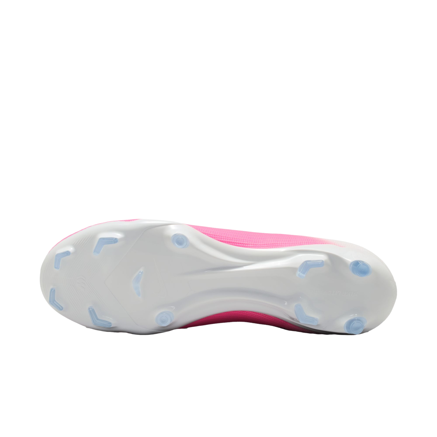 Soleplate view of a pink and white soccer cleat, featuring a white base with blue-tinted chevron and circular studs.