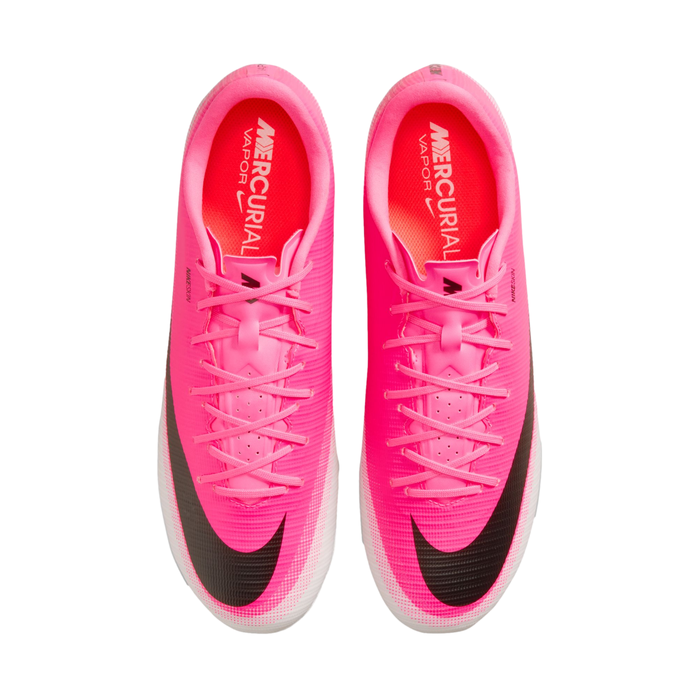 Top-down view of a pair of bright pink Nike Mercurial Vapor soccer cleats with black swooshes and pink laces on a white background.