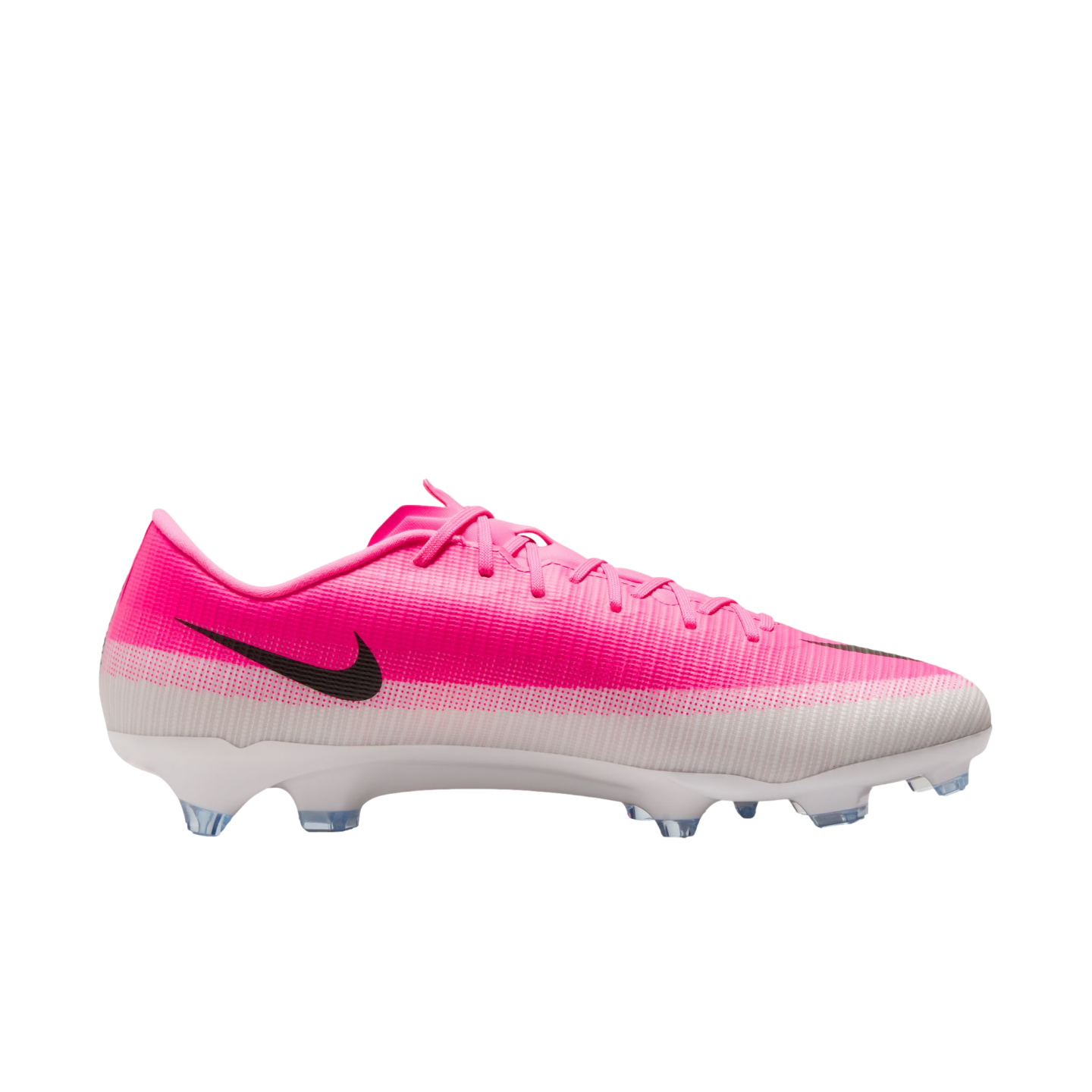 A profile view of a pink and white Nike soccer cleat with a black swoosh on the side and a studded white sole, set against a plain white background.