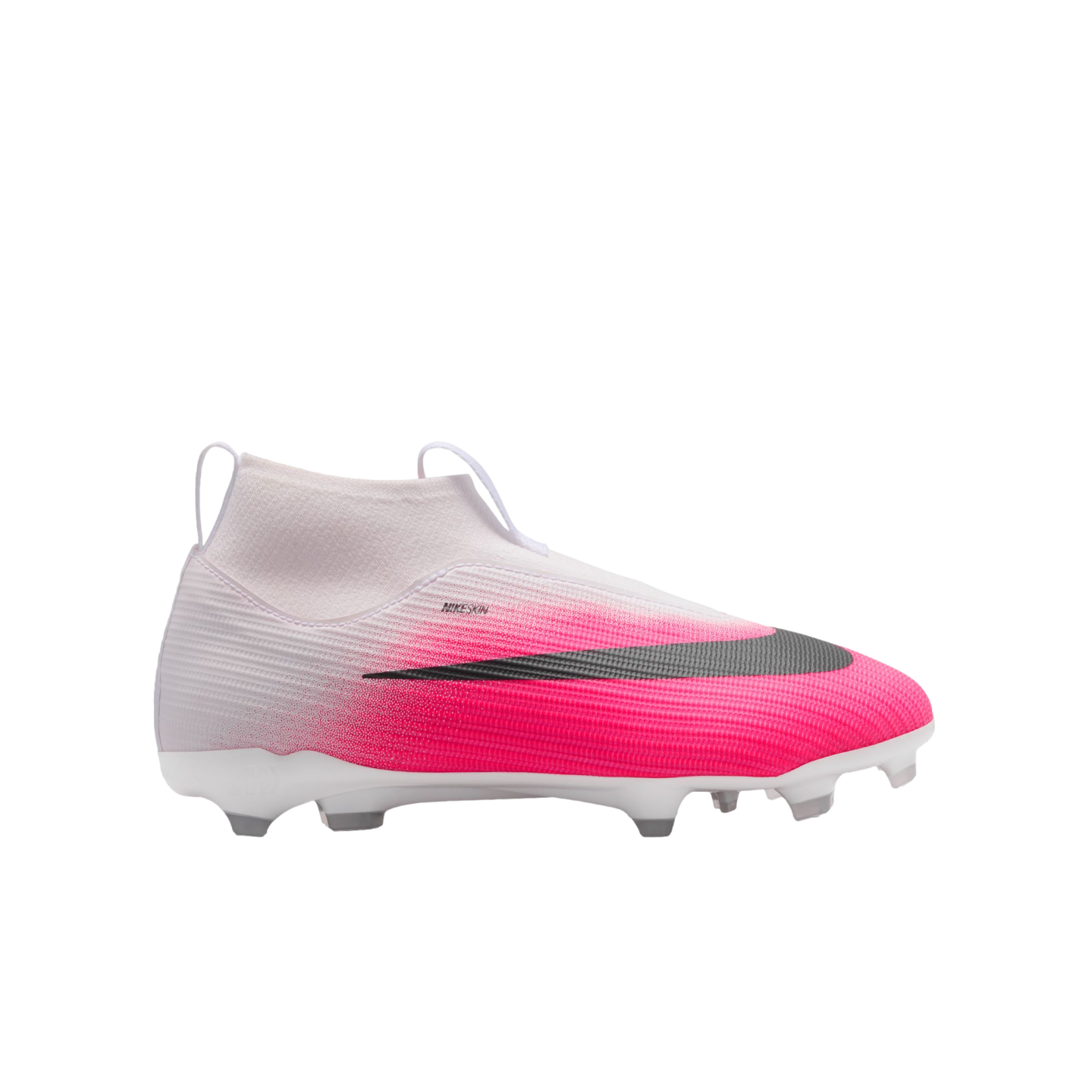 Profile view of a laceless Nike soccer cleat featuring a white-to-pink gradient upper, a black swoosh, and a white soleplate with studs.