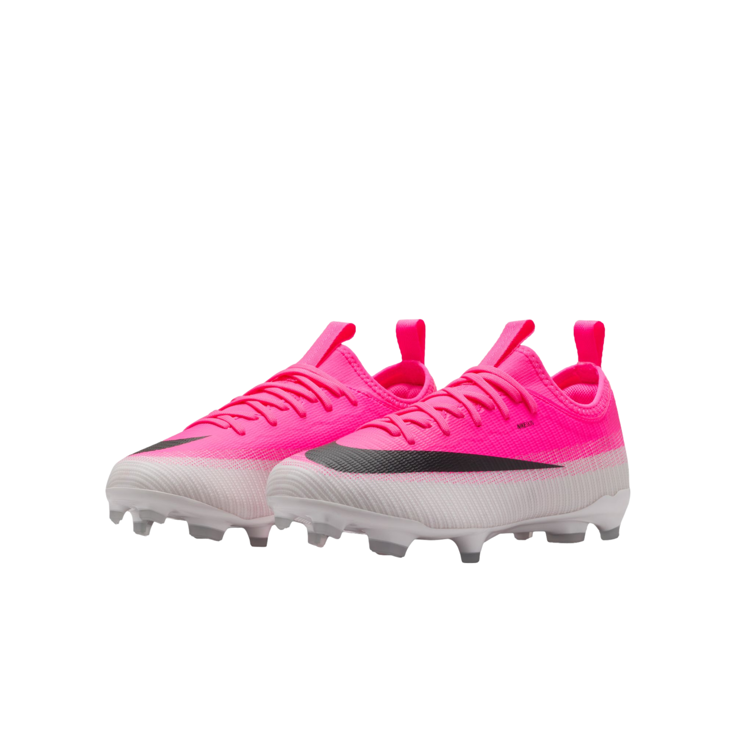 A pair of hot pink and white Nike soccer cleats with a prominent black swoosh logo.