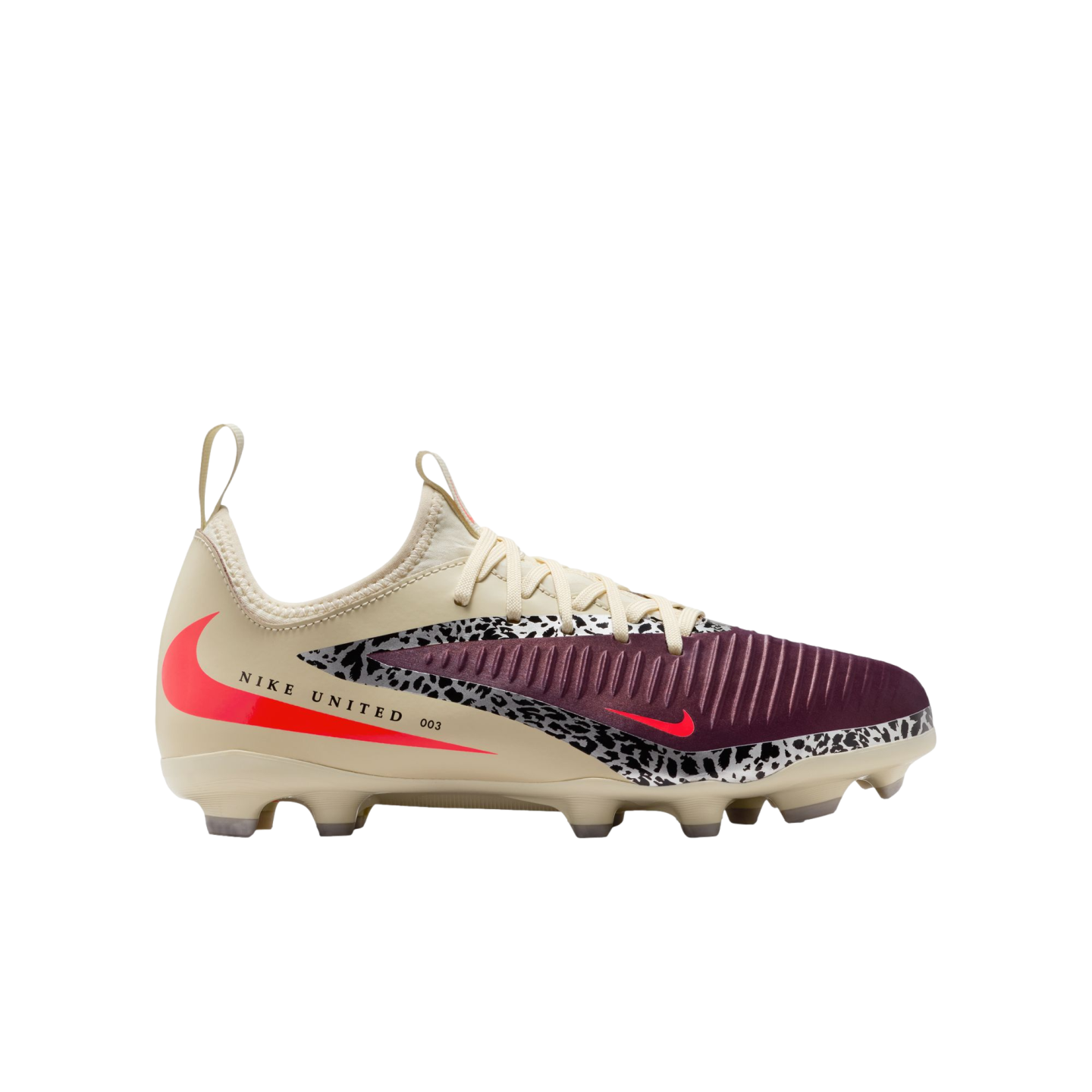 A side profile of a cream-colored Nike soccer cleat set against a solid black background. The shoe features a ridged burgundy toe box, a black-and-white leopard print accent stripe, and bright neon red swoosh logos. The side of the heel displays the text "NIKE UNITED 003."