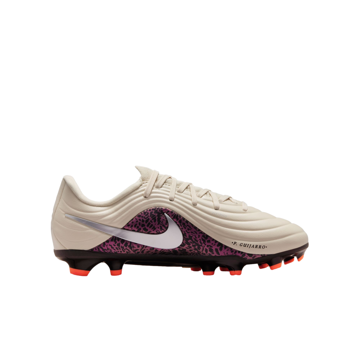 A profile view of a Nike soccer cleat against a black background. The shoe features an off-white textured upper with wave-like ridges, a silver Nike swoosh, and a purple and black patterned side panel. The name ".P. GUIJARRO." is printed near the toe, and the black soleplate has bright orange-tipped studs.