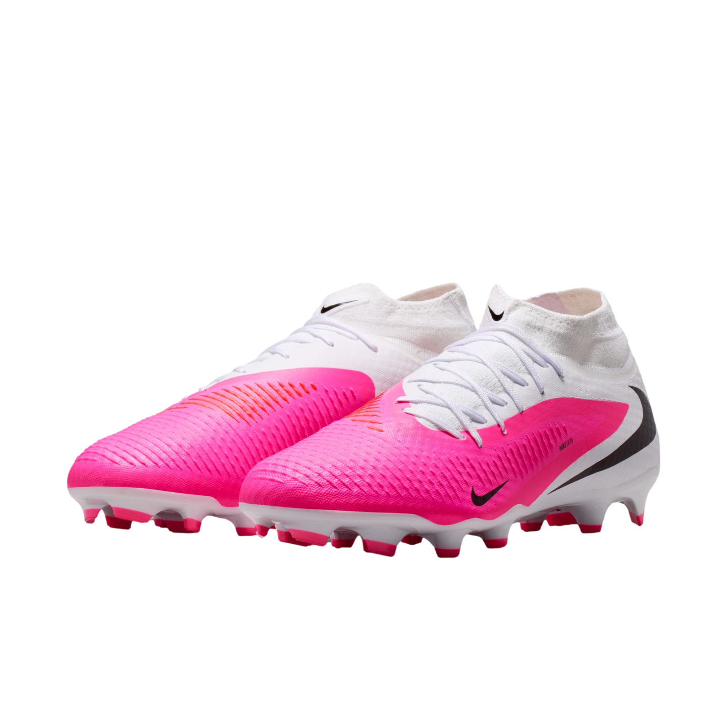 White and bright pink Nike soccer cleats featuring a high-top ankle collar and black swoosh logos.