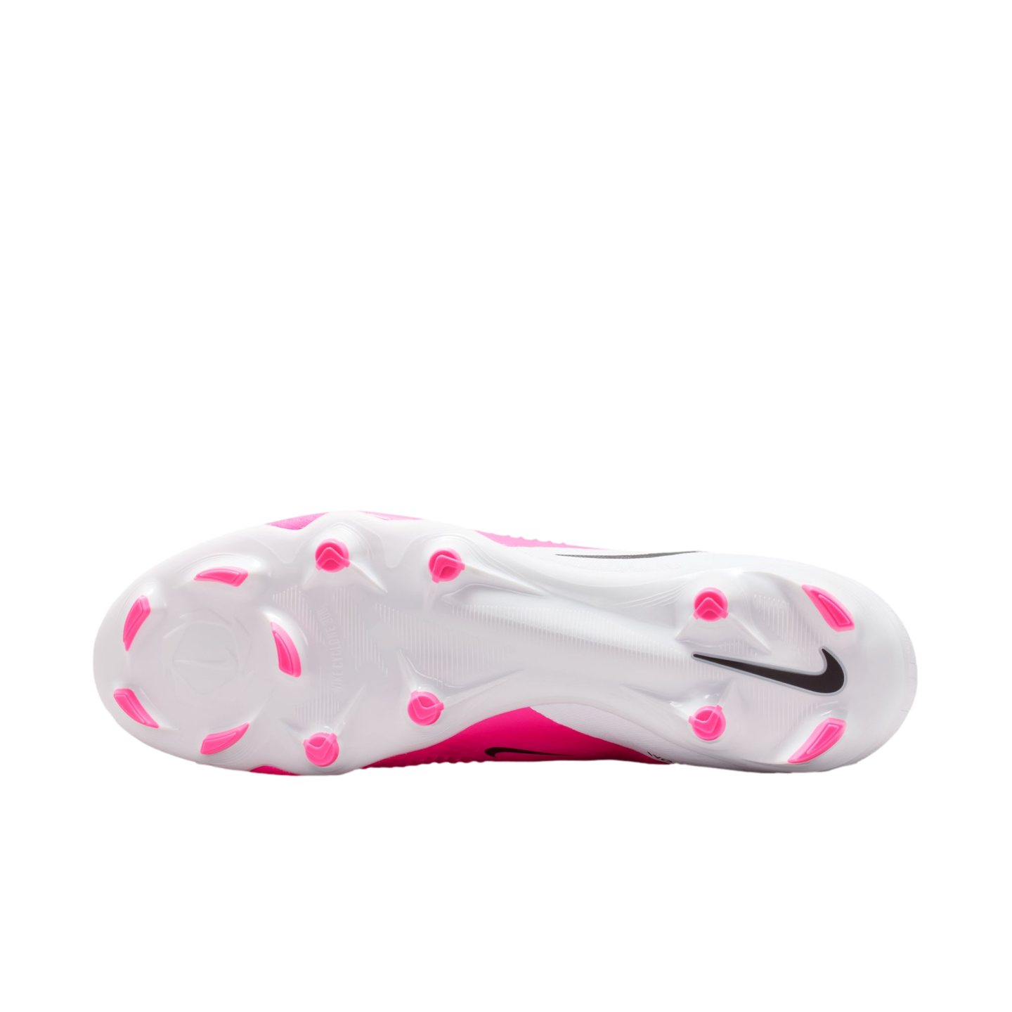 Sole of a white and pink Nike soccer cleat showing bright pink studs and a black swoosh logo.