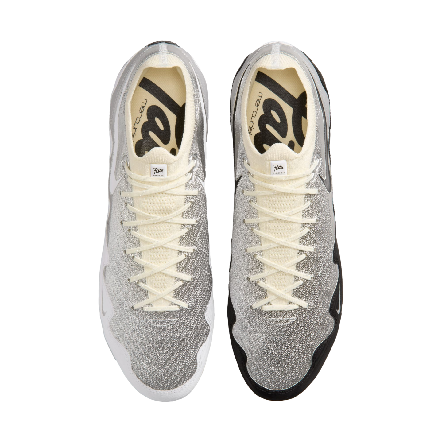 Top-down view of Nike x Patta Air Zoom Mercurial football boots with silver textured uppers and cream laces. Features "Patta" branding on tongues and insoles against a black background.