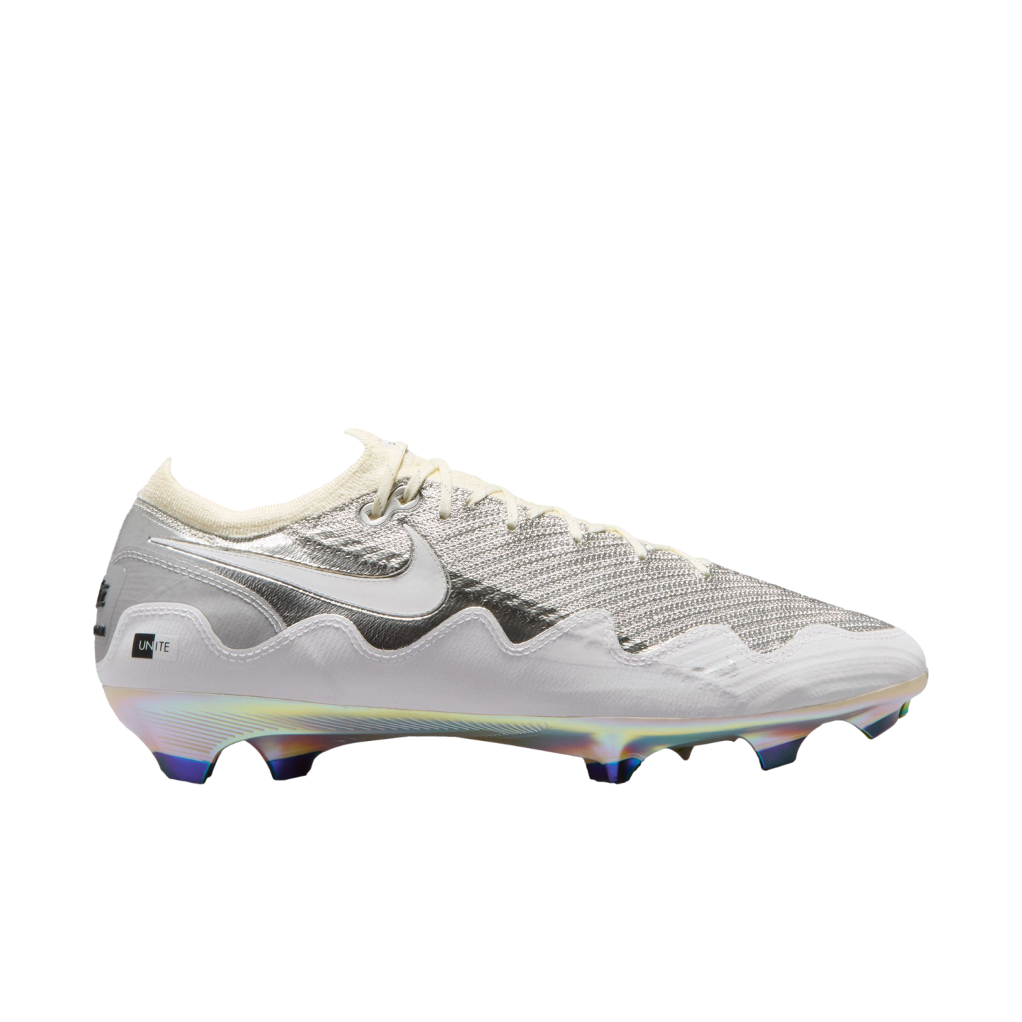 Side view of a white and silver Nike soccer cleat with an iridescent sole, isolated on a black background.