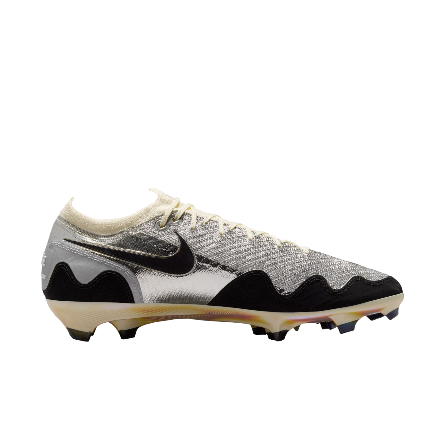 Side view of a Nike soccer cleat with a metallic silver upper, large black swoosh, wavy black overlays, and cream-colored laces and collar.