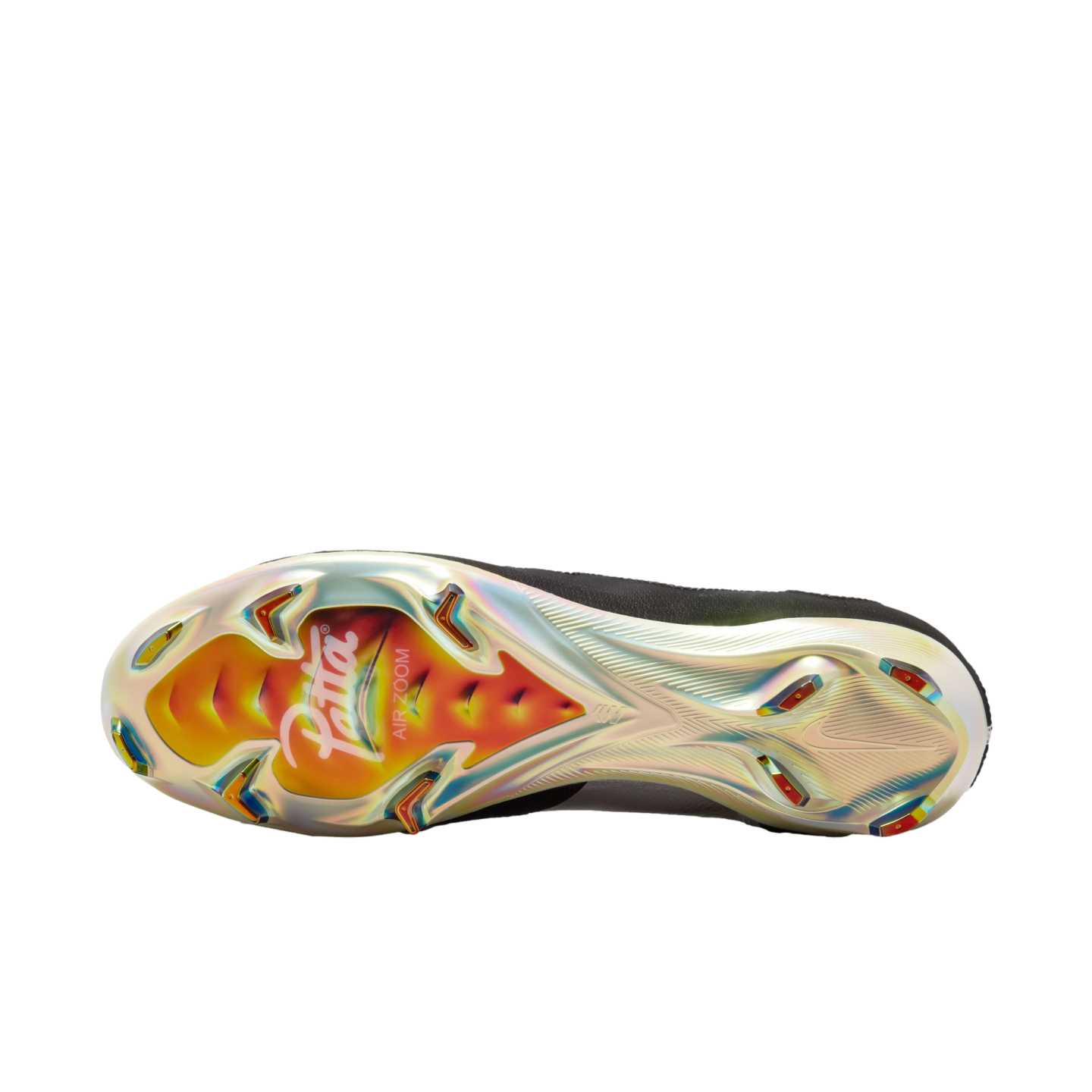 Soleplate of a Nike x Patta soccer cleat featuring a glossy iridescent finish in orange and gold tones with multi-directional studs.