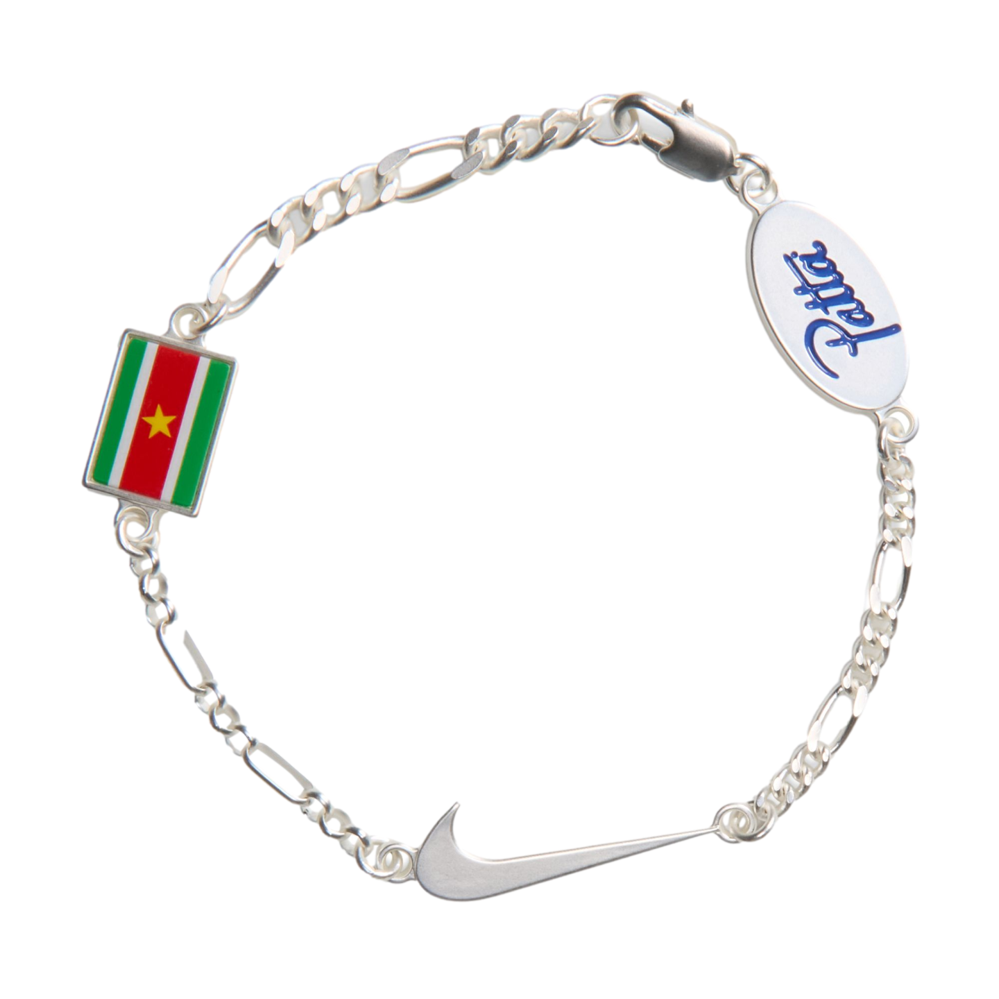 Silver Figaro chain bracelet featuring charms of the Suriname flag, a Nike swoosh, and an oval tag with a blue "Patta" logo.