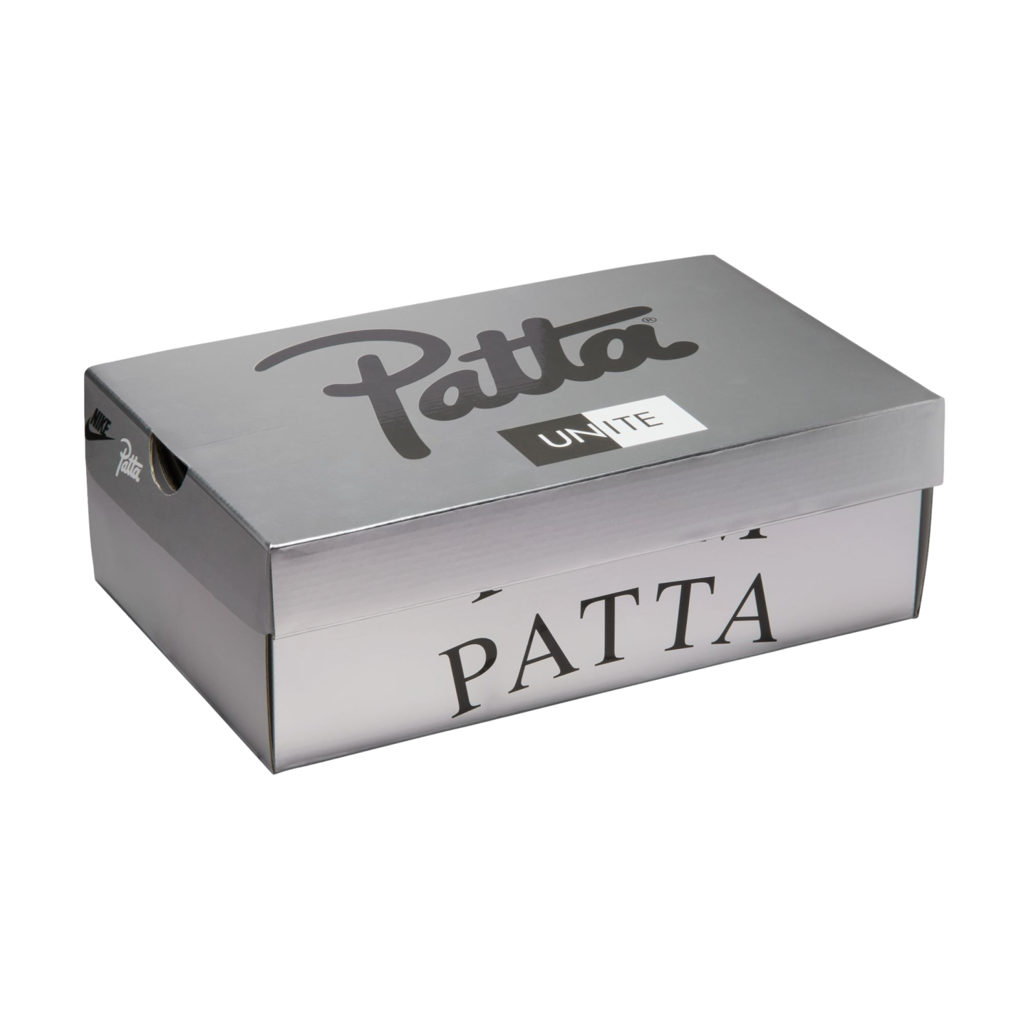 A metallic silver Nike x Patta shoebox featuring black script branding and "UNITE" text on the lid, and large serif "PATTA" text on the side, isolated on a black background.