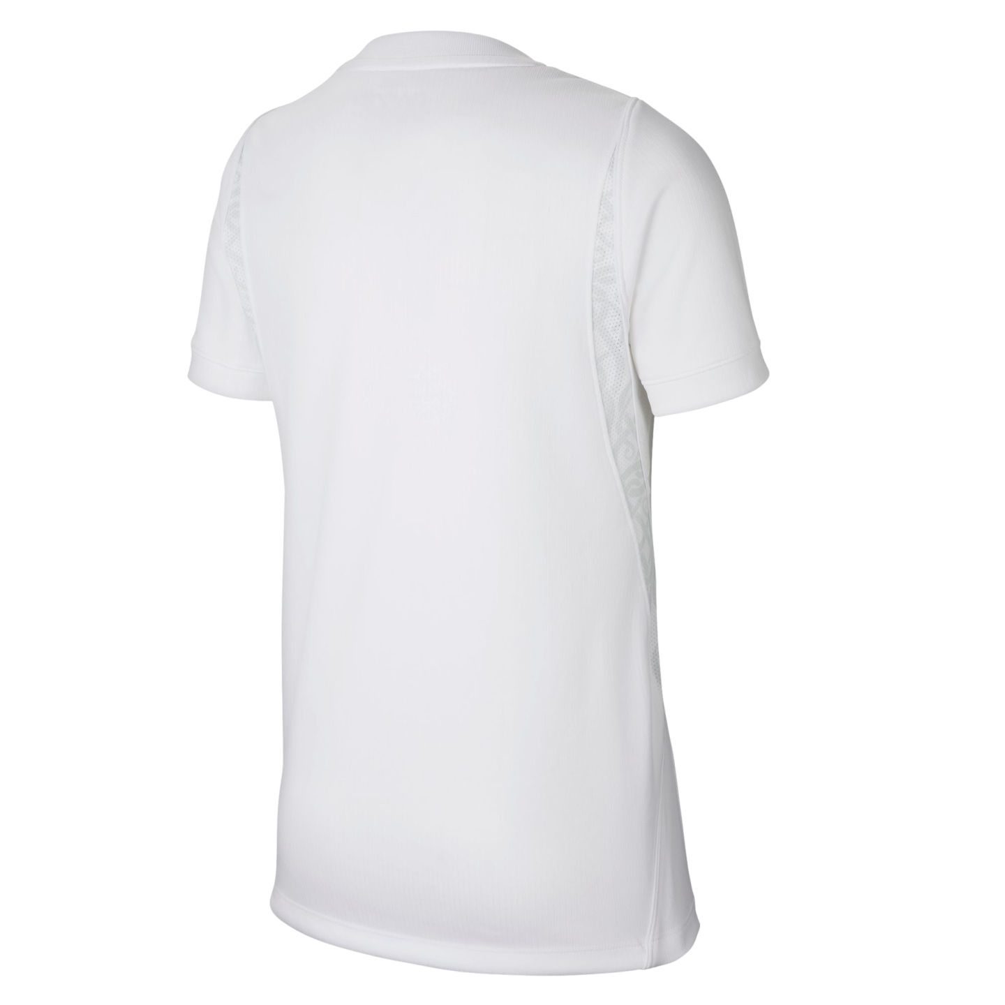 Rear view of a plain white, short-sleeved athletic jersey with patterned mesh side panels against a black background.