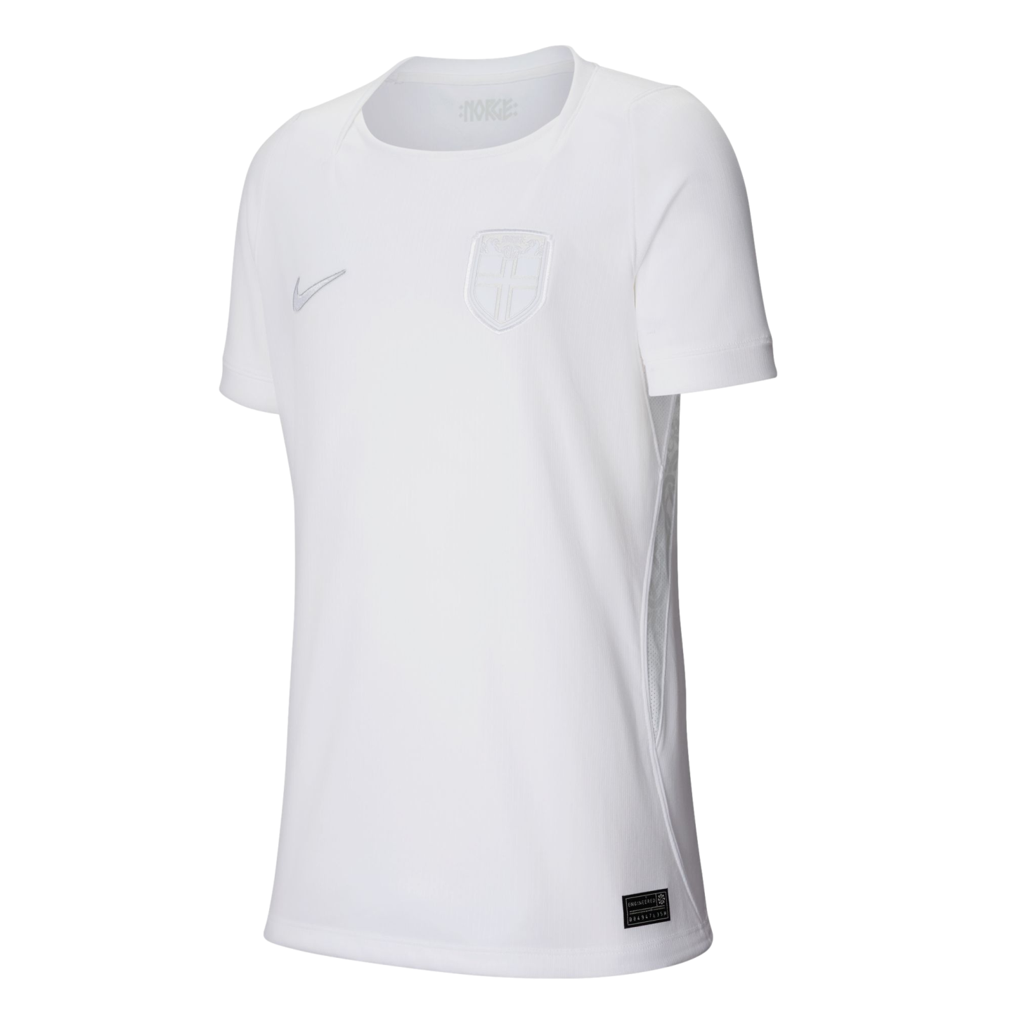 White short-sleeved Nike soccer jersey featuring a monochromatic Norway national team crest and silver swoosh on the chest.