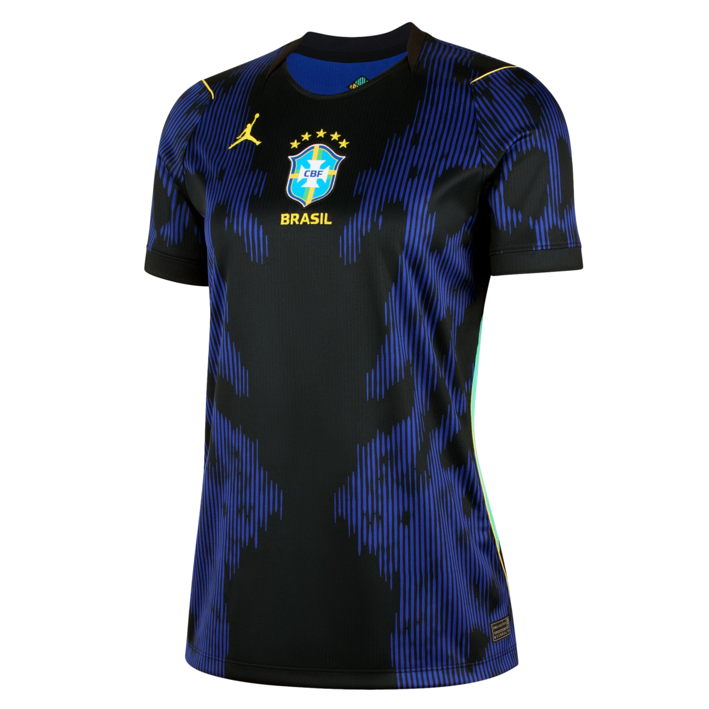 Black Brazil national team jersey with blue vertical line patterns. Features a yellow Jordan logo and the CBF crest with five stars.