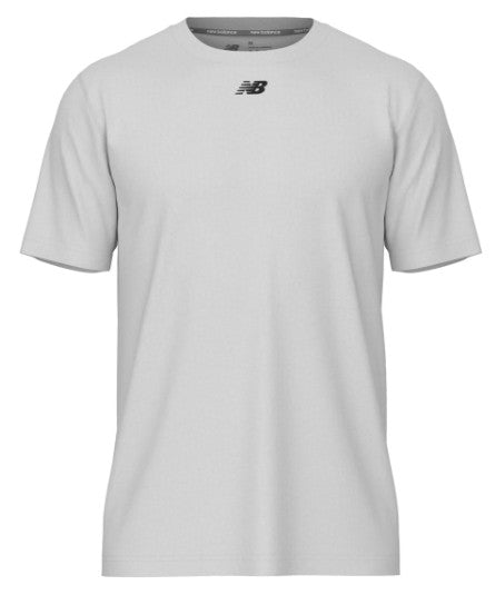 Light gray short-sleeved crew neck t-shirt featuring a small black New Balance logo centered on the chest.
