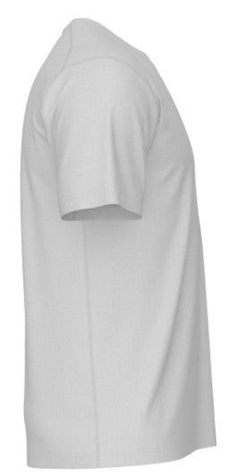 Side view of a plain, light gray short-sleeve t-shirt against a white background.