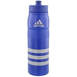 A blue Adidas water bottle with a white logo and three white horizontal stripes. It features a matching blue screw-top lid with a pull-top spout.