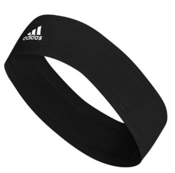 A black wide athletic headband by Adidas with a small white logo on the side.