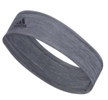 Grey heathered Adidas athletic headband with a black logo on the side.