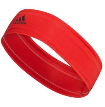 A wide, bright red athletic headband featuring a black Adidas logo.