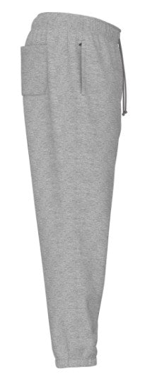 Side view of grey heather sweatpants with an elastic drawstring waistband, a side pocket, and elasticized cuffs.