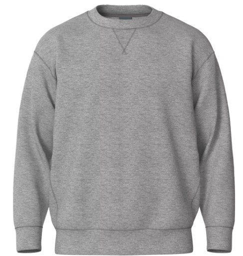 Front view of a grey heathered crewneck sweatshirt featuring a V-stitch detail at the neckline and ribbed cuffs and hem.