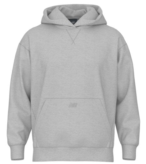 Heather grey New Balance hoodie featuring a kangaroo pocket, ribbed cuffs, and a cross-stitch detail at the neckline.