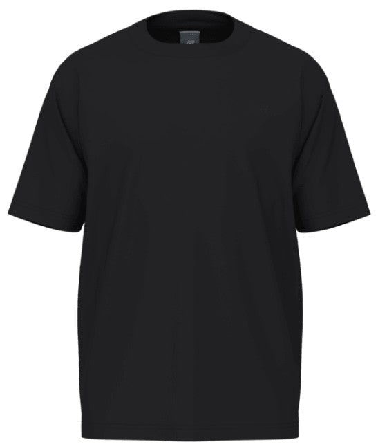 Plain black short-sleeved crewneck t-shirt.