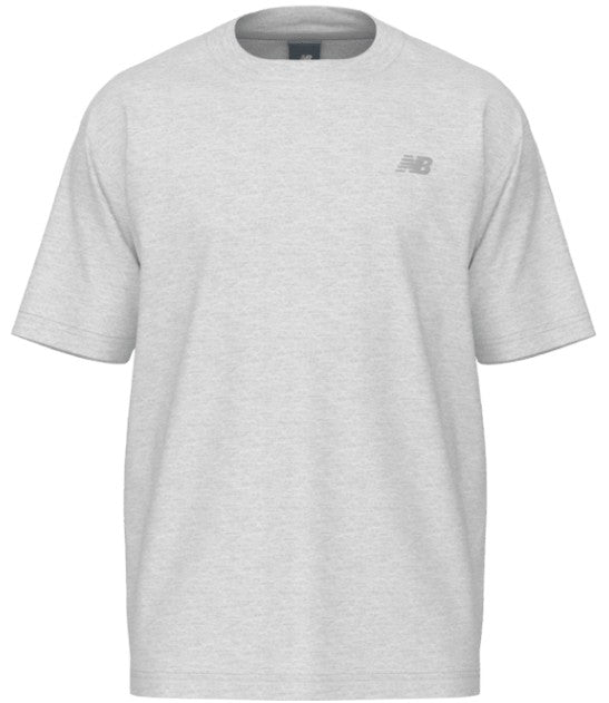 A light gray heather New Balance short-sleeve crew neck t-shirt with a small logo on the left chest.