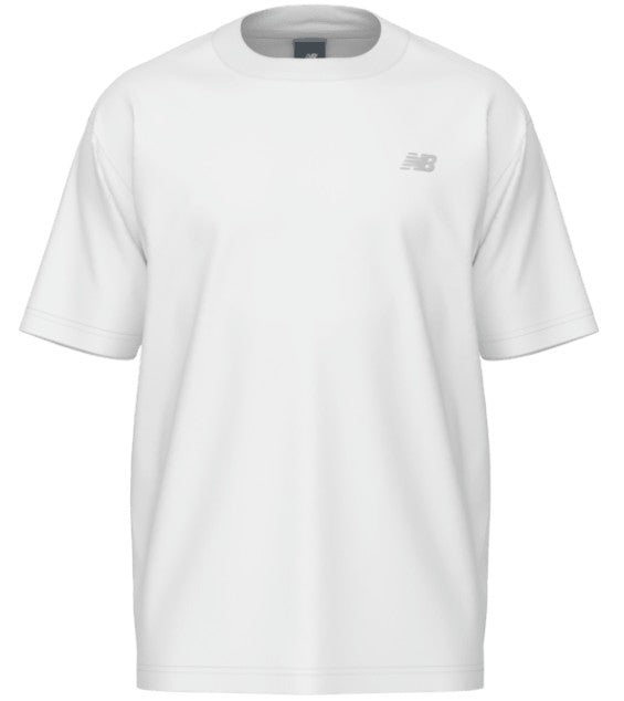 White short-sleeved crew-neck t-shirt featuring a small silver New Balance logo on the left chest.