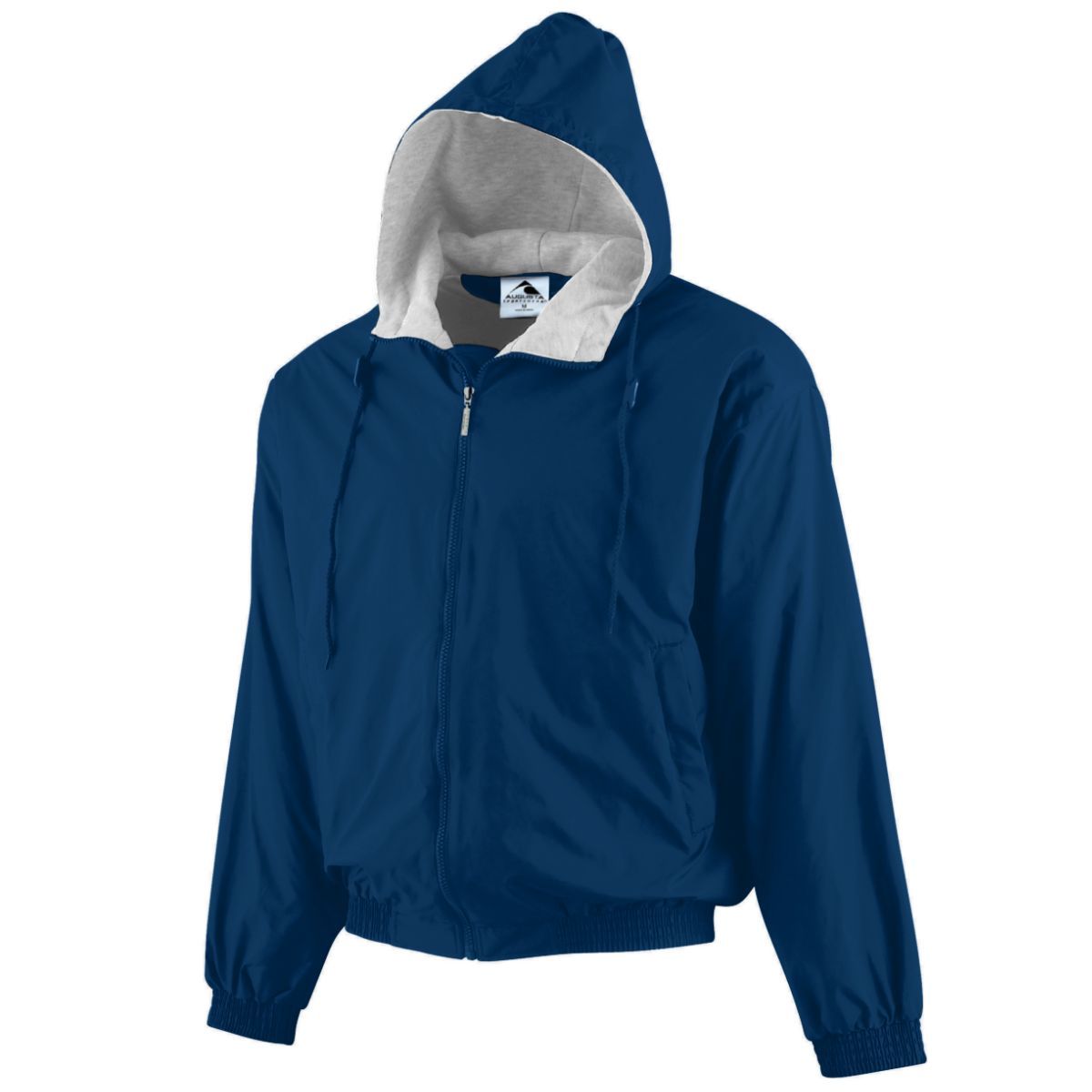 Navy blue hooded windbreaker jacket with a grey interior lining, full front zipper, and elastic cuffs and hem.