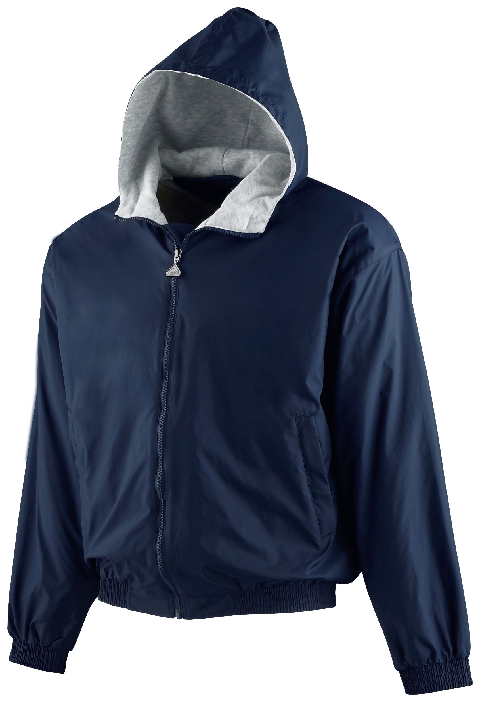 Augusta Rain Jacket Youth - Navy, featuring a full-zip front, grey-lined hood, and ribbed cuffs and hem.