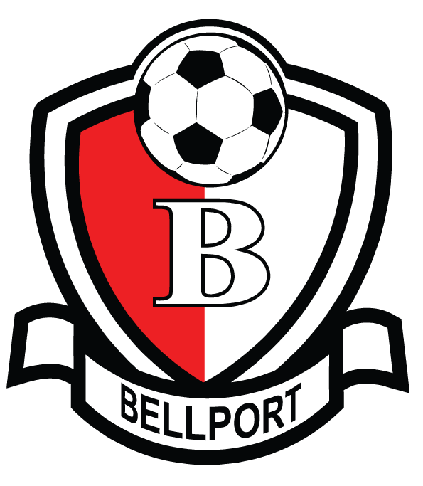 Red, white, and black soccer crest featuring a shield with a central "B", a soccer ball on top, and a banner reading "BELLPORT" at the bottom.