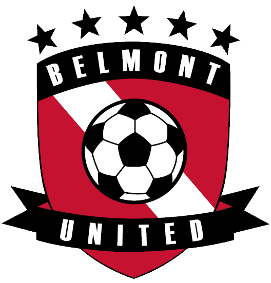 Logo for Belmont United soccer team featuring a red and white shield with a central soccer ball, five stars across the top, and the team name in black banners.