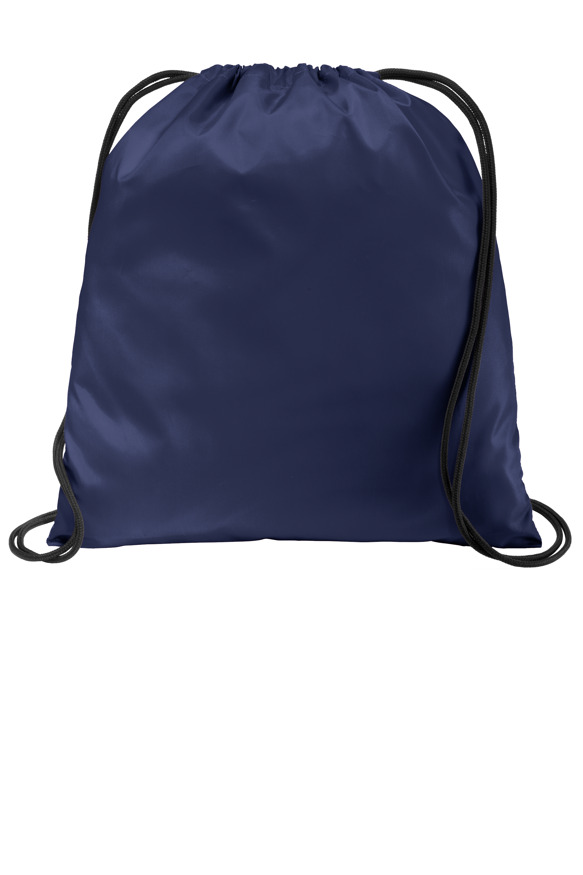 Navy blue drawstring backpack with black cords.