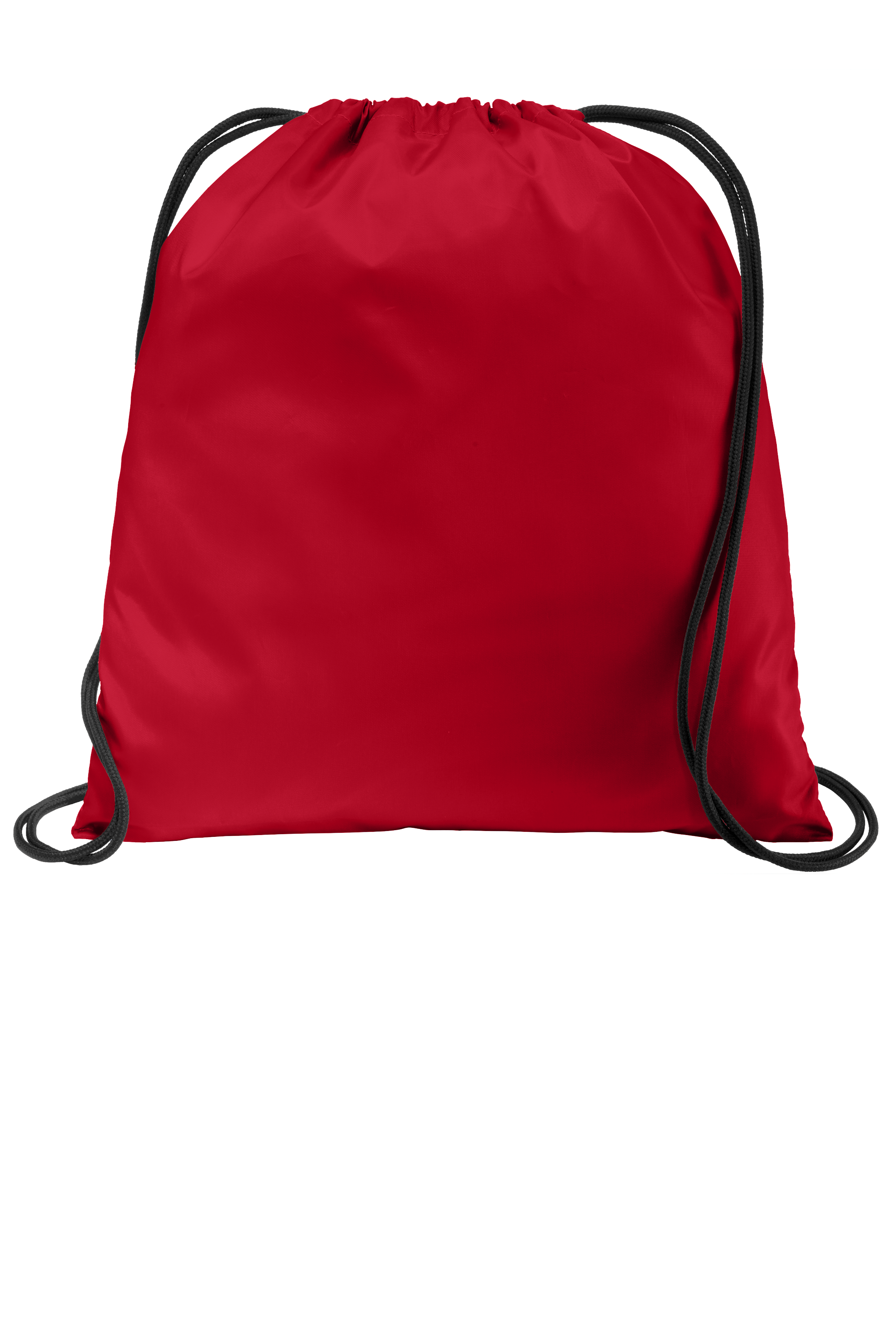 A red drawstring backpack with black cords on a white background.