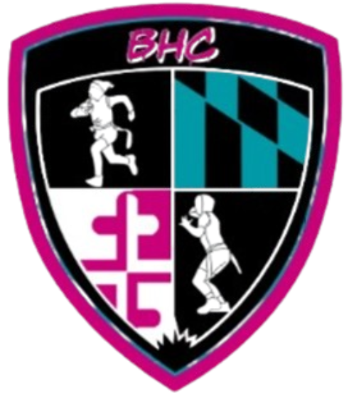 Shield-shaped logo with a pink border and "BHC" text. Quadrants feature lacrosse silhouettes, a teal and black checkered pattern, and a pink abstract symbol on a white background.