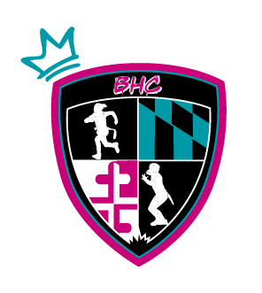 Shield logo with "BHC" text and a teal crown. Quadrants feature a runner, teal and black stripes, a pink cross pattern, and an athlete. Bold pink, teal, and black color scheme.