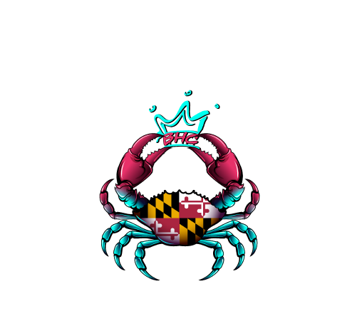 Stylized Maryland crab graphic with flag-patterned shell, red and teal claws, and a light blue crown featuring the text "BHC" on a black background.