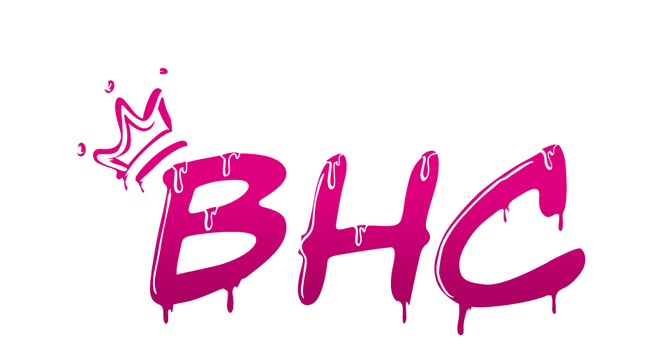 Magenta "BHC" graffiti letters with white outlines and dripping paint effects. A small pink crown sits above the 'B' on a black background.