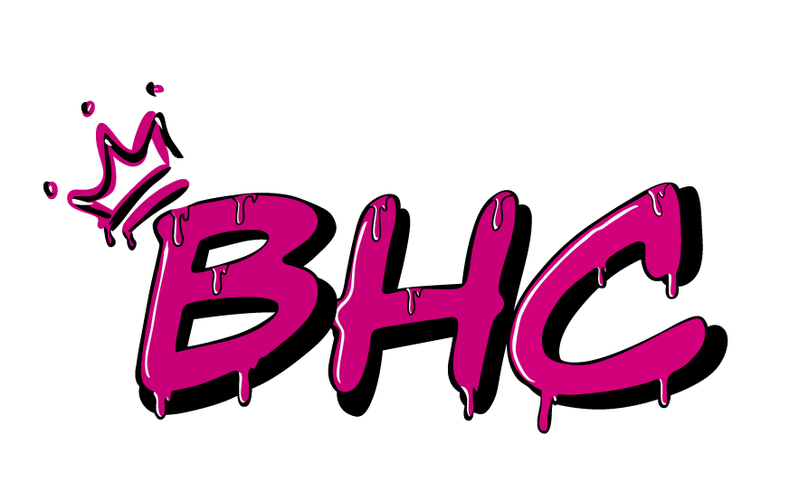 Hot pink graffiti-style 'BHC' with white outlines and paint drips on a black background. A small crown is perched above the B.