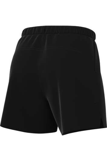 Rear view of black athletic shorts featuring an elastic waistband, a curved back yoke seam, and small side slits at the leg openings.