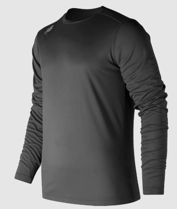 Black long-sleeve New Balance athletic crew neck shirt on a mannequin torso.