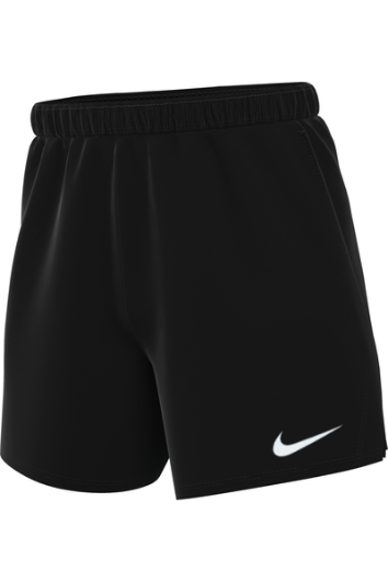 Black Nike athletic shorts with an elastic waistband and a white swoosh logo on the bottom left leg.