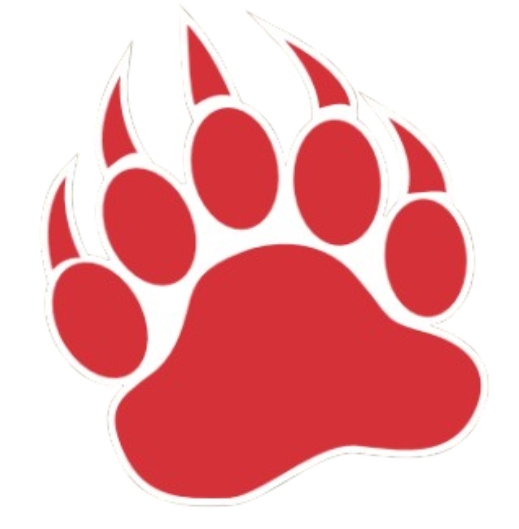 Stylized red bear paw print with five toes and sharp claws, featuring white outlines against a solid black background.
