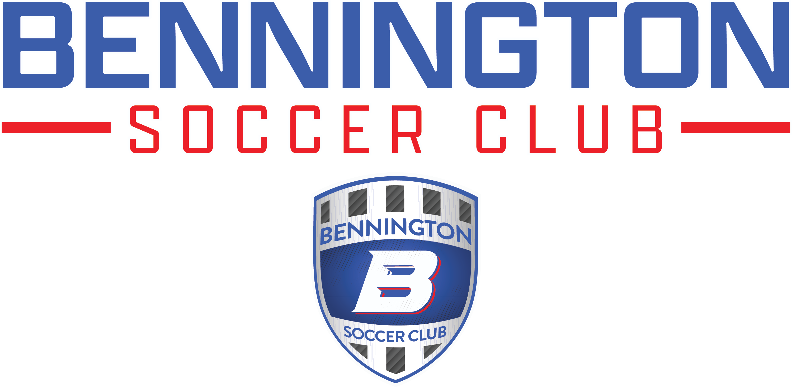 Bennington Soccer Club logo. Large blue "BENNINGTON" text over red "SOCCER CLUB" text. Below is a blue and silver shield featuring a stylized "B".